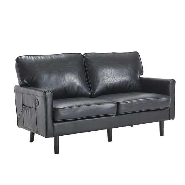 English Elm Loveseat Mid Century Modern Two-Seater Sofa with USB Type-C Charging, Removable Zipper Covers, Durable Wood Legs Black PU W395P238820