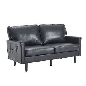 English Elm Loveseat Modern Mid-Century 2-Seater with USB Type-C Charging, Removable Zippered Covers, Sturdy Wood Legs Black PU W395P238820