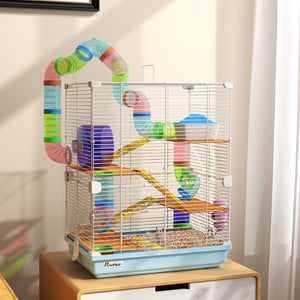 English Elm PawHut 5-Tier Hamster Cage with Tubes, Wheel & Accessories, Portable Handle, Safe Ventilated Home W2225P249991