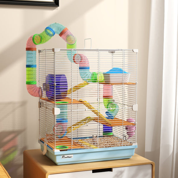 English Elm PawHut 5-Tier Hamster Cage with Tubes, Wheel & Accessories, Portable Handle, Safe Ventilated Home W2225P249991