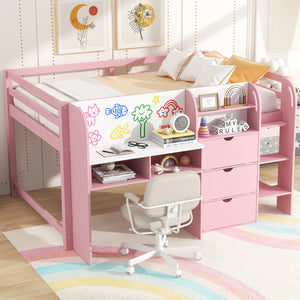 English Elm Full Size Low Loft Bed With Desk, Storage, Bookcase & Fun Whiteboard For Kids - Pink Design N7090005005H