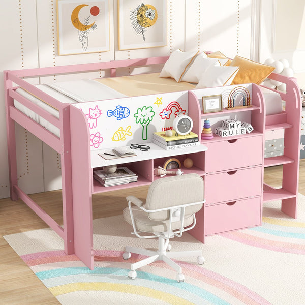 English Elm Full Size Low Loft Bed With Desk, Storage, Bookcase & Fun Whiteboard For Kids - Pink Design N7090005005H