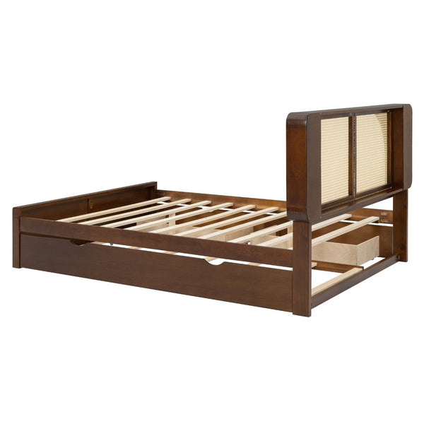 English Elm Queen Size Rattan Headboard Bed With Trundle, Drawers & Elegant Walnut Finish For Versatile Style N820S00013D-GIGA
