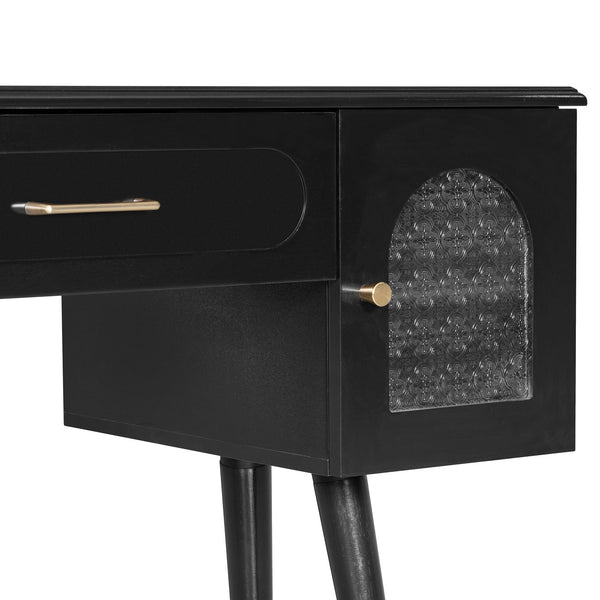 English Elm Elegant Vanity Makeup Table with Charging Station & Carved Glass Door, Sturdy Stool Included Black N844P285188B