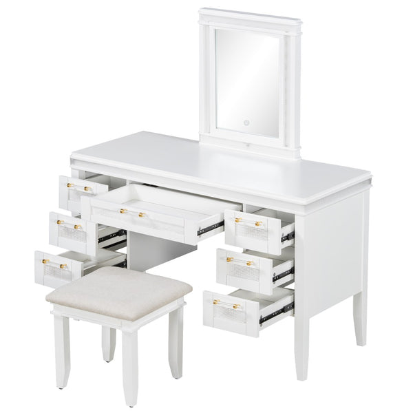 English Elm 48" Makeup Vanity Desk with Led Mirror Bamboo Weave Drawers Cushioned Stool Bedroom Light Beige N704P337484K