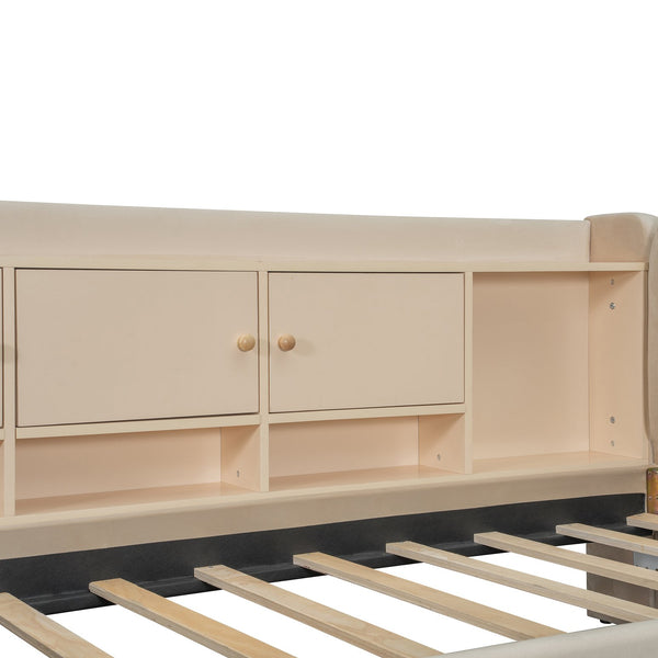 English Elm Twin Upholstered Daybed with Velvet Finish, High Back Shelves, Flip Cabinets, Drawers & Side Table Beige SF000196AAA