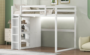 English Elm Wood Full Size Loft Bed with Built-in Wardrobe, 4-Tier Storage Shelves, LED Light, Pine MDF Durable White GX000463AAK
