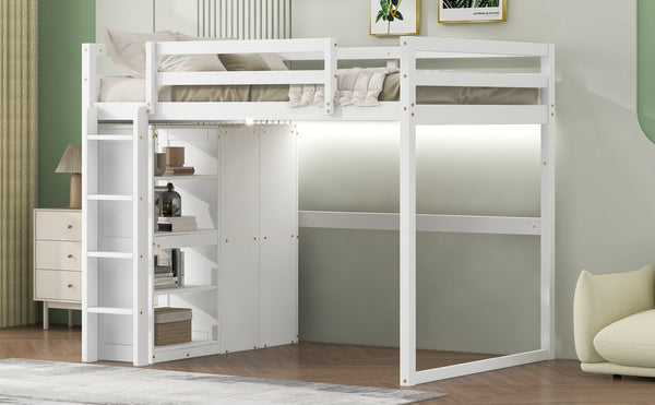English Elm Wood Full Size Loft Bed with Built-in Wardrobe, 4-Tier Storage Shelves, LED Light, Pine MDF Durable White GX000463AAK