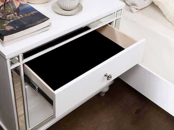 English Elm White Crocodile-Textured Nightstand with Mirror Trim, Felt-Lined Top Drawers & Ornate Bun Feet - Contemporary Bedroom Accent B011P402573