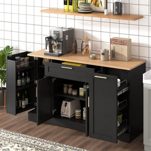 English Elm Trexm Multifunctional Sideboard with Pull Out Bottle Rack Adjustable Shelves Kitchen Storage Black XW000026AAB