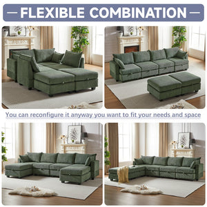 English Elm 113.5'' Modular Sectional Sofa with Storage Ottoman, Convertible U or L Shape Sleeper for 6 Seats Green W834S00251