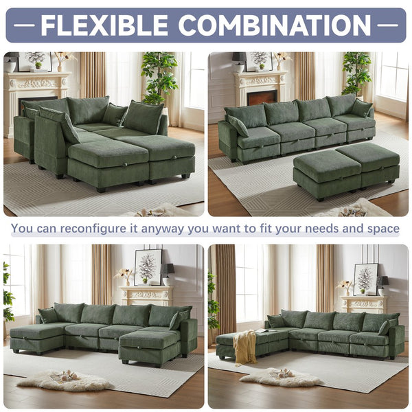 English Elm 113.5'' Modular Sectional Sofa with Storage Ottoman, Convertible U or L Shape Sleeper for 6 Seats Green W834S00251