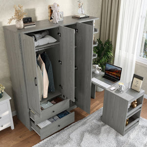 English Elm Multifunctional Wardrobe Cabinet with Fold Out Desk Hanging Rod and Storage Drawers Gray W1580S00476