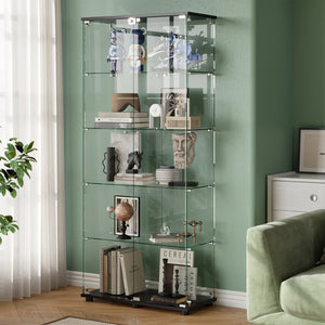 English Elm Glass Display Cabinet Five Tempered Shelves Lockable Doors Matte Black Living Room W3190S00002
