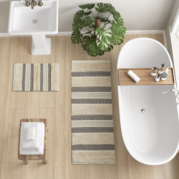 JLA Home INK+IVY - Woven Handcrafted Boho Bath Rug with Textured Stripes, Non-Slip Backing, Machine Washable Elegance 58 L x 22 W x 0.5H II72-1339