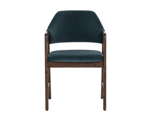 Sunpan Milton Dining Armchair - Chic Mid-Century Modern Design with Solid Rubberwood Frame & Brass Stretchers Smoke Acacia / Meg Dusty Teal