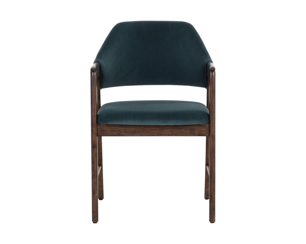Sunpan Milton Dining Armchair - Chic Mid-Century Modern Design with Solid Rubberwood Frame & Brass Stretchers Smoke Acacia / Meg Dusty Teal