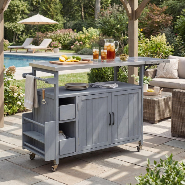 English Elm 54.33" Farmhouse Outdoor Kitchen Cart Solid Fir Frame Steel Top Storage Bbq Prep N767P379702C