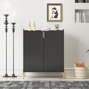 English Elm 2 Door Wine Bar Cabinet with 12-Bottle Rack, Soft-Close Hinges, Adjustable Shelf & Elevated Metal Legs Black W2899P372313