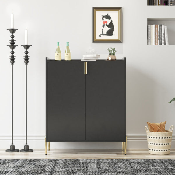 English Elm 2 Door Wine Bar Cabinet with 12-Bottle Rack, Soft-Close Hinges, Adjustable Shelf & Elevated Metal Legs Black W2899P372313