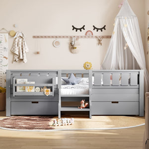 English Elm Twin Kids Storage Bed with Bookshelf Headboard Safety Staircase and Under Drawers Gray W1580P379185
