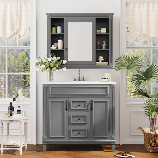 English Elm 36'' Bathroom Vanity with Sink and Mirror Cabinet, Modern MDF & Solid Wood Design, Ceramic Top, Soft-Close Doors Grey SW000115AAE-1
