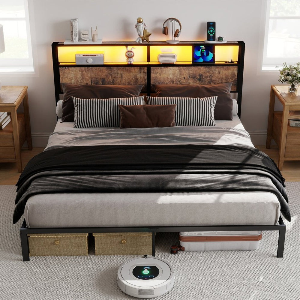 English Elm Queen Metal Platform Bed with Rgb Led Headboard Charging Station and Underbed Storage T3963P483719