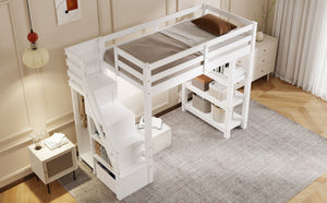 English Elm Twin L-Shaped Platform Bed with Three Spacious Drawers, Solid Pine & MDF, Clean-Lined Design White N7090000471K