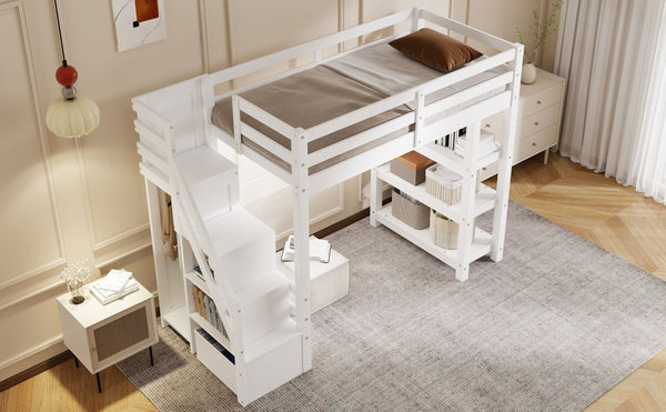 English Elm Twin L-Shaped Platform Bed with Three Spacious Drawers, Solid Pine & MDF, Clean-Lined Design White N7090000471K