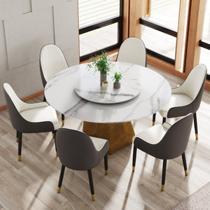 English Elm 59.05" Round Artificial Marble Dining Table With Metal Base & Turntable For 6-8 People, White Elegance W1535S00376