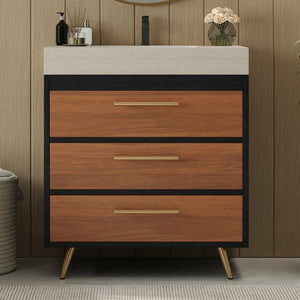 English Elm Modern Freestanding Bathroom Vanity with Vessel Sink Sintered Stone Gold Steel Legs W3136S00052