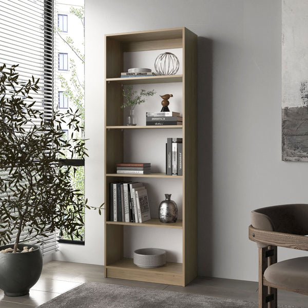 English Elm Dam 5-Shelf Bookcase 71" H Open Storage in Natural Oak & White – Scratch-Resistant Melamine, Versatile Home Organizer B128P314793