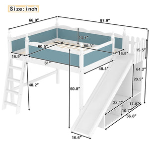 English Elm Queen Loft Bed With Storage Shelves, Fun Detachable Slide, Solid Wood Design, Blue & White Finish W1580S00249-GIGA
