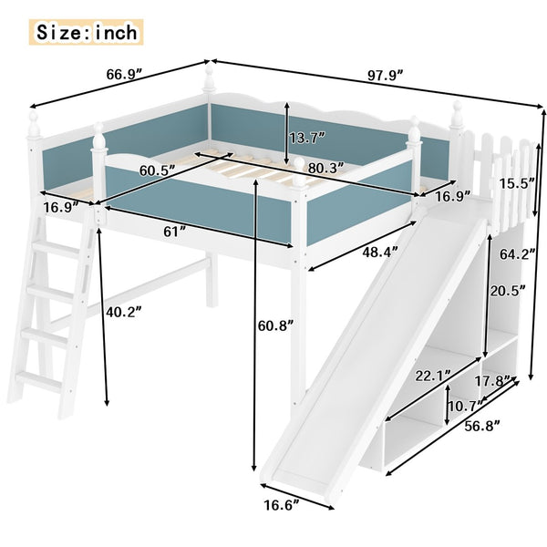 English Elm Queen Loft Bed With Storage Shelves, Fun Detachable Slide, Solid Wood Design, Blue & White Finish W1580S00249-GIGA