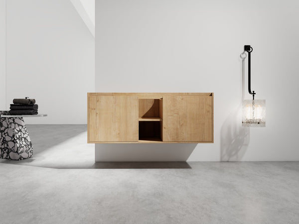 English Elm 48" Wall-Mounted Bathroom Vanity With Soft-Close Doors, Open Shelving & Ample Storage Space W999125010