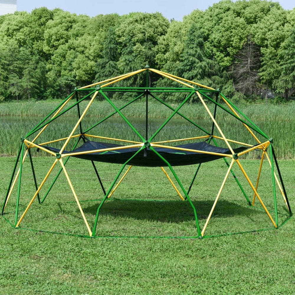 English Elm 12ft Geodesic Climbing Dome with Hammock Powder Coated Steel Backyard Play Structure N710P345629L
