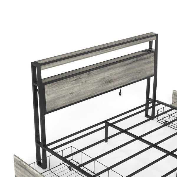 English Elm Queen Metal Platform Bed with Rgb Led Headboard Charging Station and Underbed Storage T3963P482868