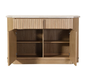 English Elm Qwin Marble Top Oak Finish Dining Server with Dovetail Drawers and Open Display Shelf B2726P246617