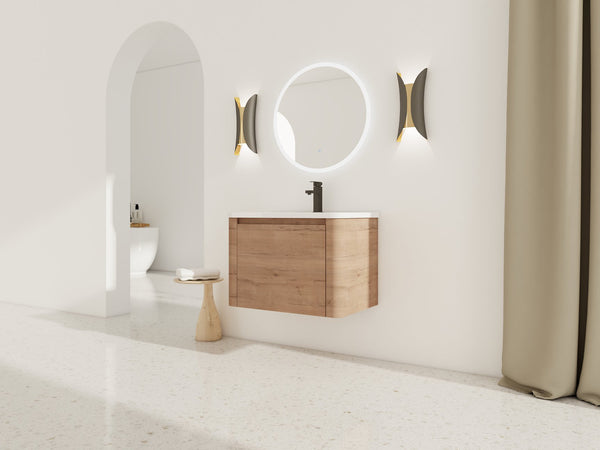 English Elm 28'' Wall-Mounted Bathroom Vanity with Ceramic Sink, Soft-Close Door, Plywood Durability & Space-Saving Design Imitative Oak W999P317929