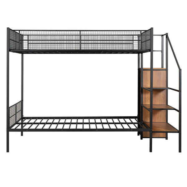 English Elm Twin Over Full Metal Bunk Bed with Trundle, Step Ladder Storage, Wardrobe & Wire Shelving, Durable Frame Black SF000172AAB