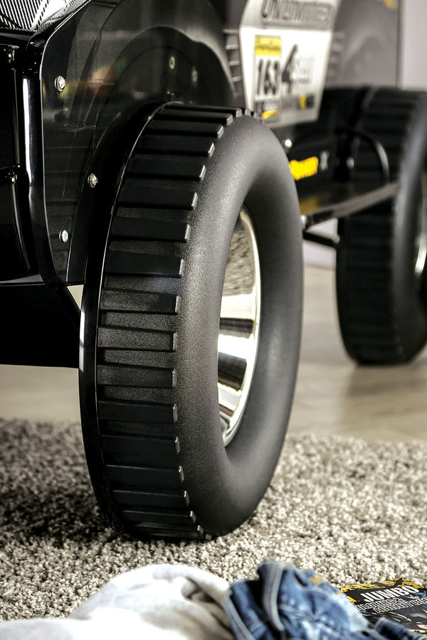 English Elm Modern Speed Jeep Twin Bed With Led Headlights, High-Gloss Finish, Metal Frame & Slat Kit Included B2741S00508