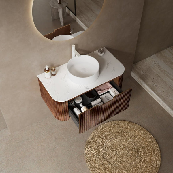 English Elm Dina Floating Bathroom Vanity Sintered Stone Top Glass Basin Striped Plywood Cabinet W2615S00412
