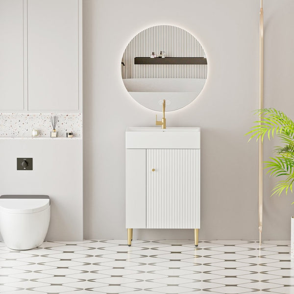 English Elm 21.6" Bathroom Vanity with Ceramic Sink Open Shelf Wave Door White Finish W1573S00019