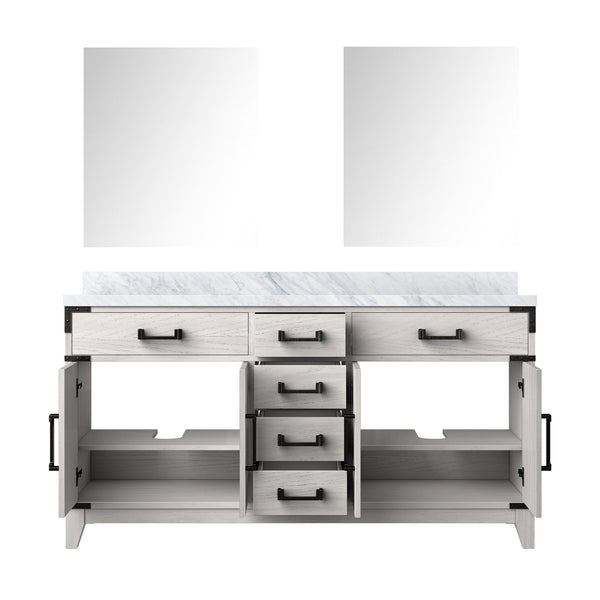 English Elm White Oak Double Bath Vanity 60 in with Polished Carrara Marble Top, Soft-Close Storage & Mirrors B2731S01598