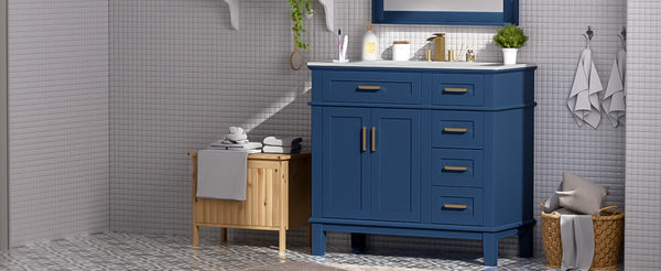 English Elm 36" Navy Bathroom Vanity Solid Wood Frame Ceramic Sink Gold Hardware Soft Close Blue N729P380151C