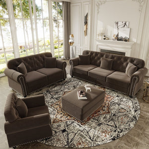 English Elm Upholstered Velvet Chesterfield Sofa Set with Button Tufting Nailhead Trim and Ottoman Brown W1885S00389