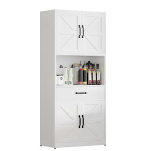 English Elm 71 Inch Steel Kitchen Pantry Cabinet with Adjustable Shelves Drawer and Hooks Modern White T2398P413028