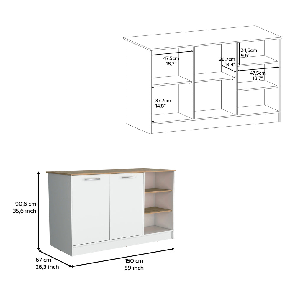 English Elm Kitchen Island With Two Cabinets & Three Open Shelves - Modern White & Natural Oak Storage Solution B097S00143
