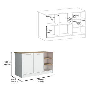 English Elm Kitchen Island With Two Cabinets & Three Open Shelves - Modern White & Natural Oak Storage Solution B097S00143