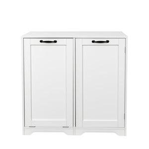 English Elm Laundry Cabinet with Tilt-Out Hamper, Adjustable Shelves & Doors, Freestanding White Storage Unit W331P280824